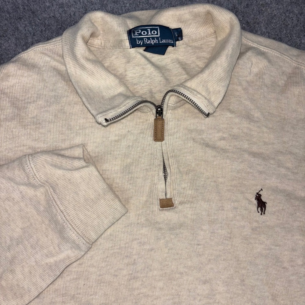 Polo Ralph Lauren Quarter Zip Pullover Mens Large Beige Preppy Sweater Logo Top